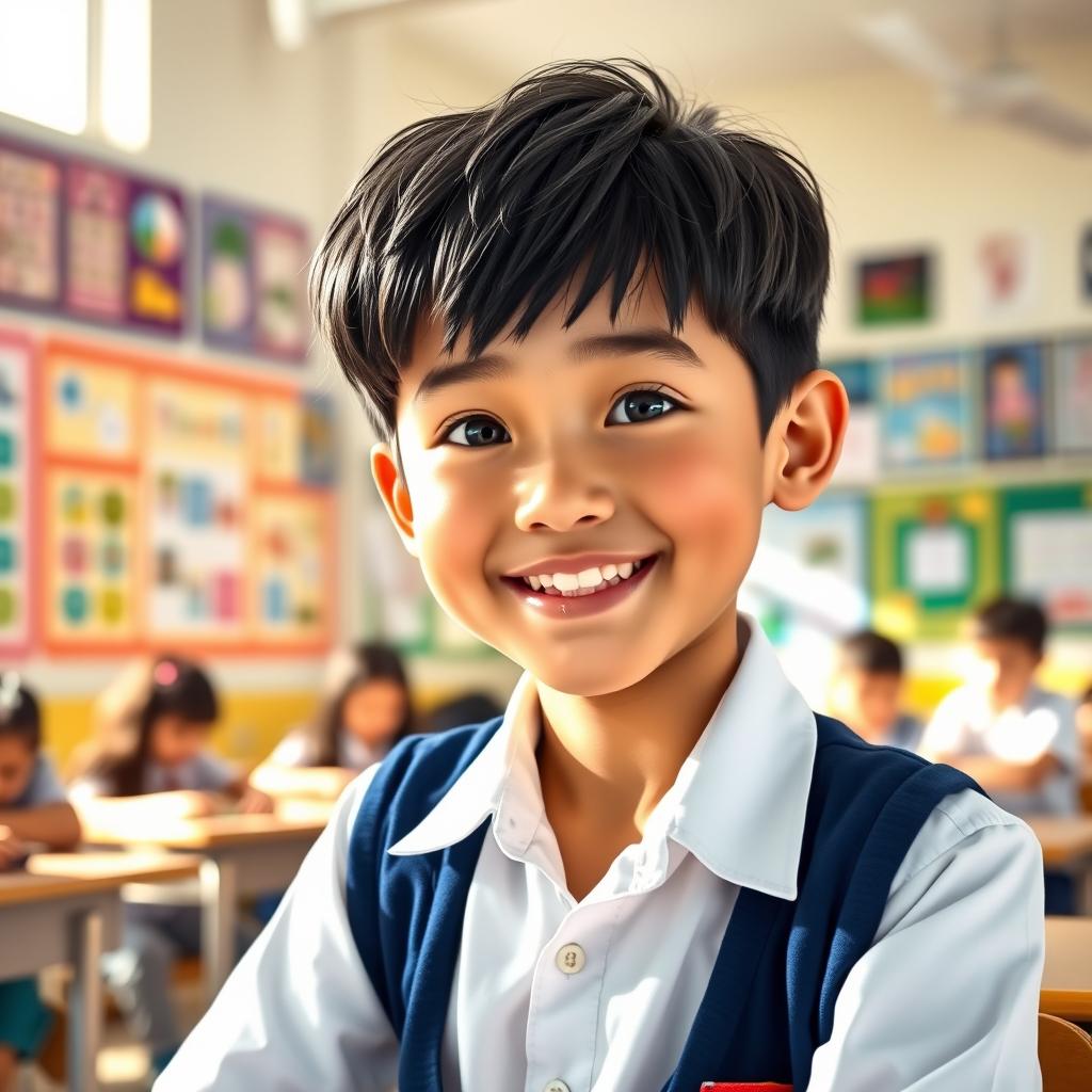 A teenage boy with black hair and a round cheerful face, wearing a crisp school uniform, sitting in a classroom filled with educational posters and desks