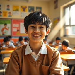 A teenage boy with black hair and a round cheerful face, wearing a crisp school uniform, sitting in a classroom filled with educational posters and desks