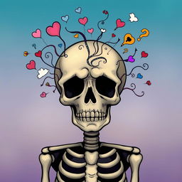A sad skeleton with a melancholic expression, its skull filled with swirling thoughts and emotions represented by colorful wisps and symbols like hearts, clouds, and question marks