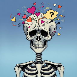 A sad skeleton with a melancholic expression, its skull filled with swirling thoughts and emotions represented by colorful wisps and symbols like hearts, clouds, and question marks