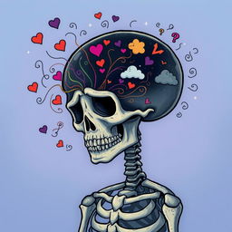 A sad skeleton with a melancholic expression, its skull filled with swirling thoughts and emotions represented by colorful wisps and symbols like hearts, clouds, and question marks