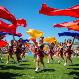 A vibrant, dynamic color guard performance, showcasing a diverse group of athletes in motion