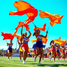 A vibrant, dynamic color guard performance, showcasing a diverse group of athletes in motion