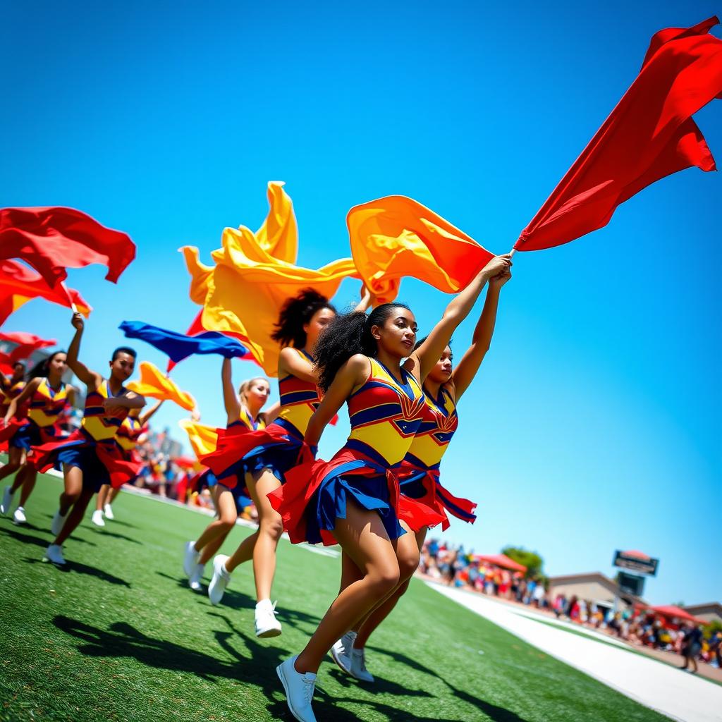A vibrant, dynamic color guard performance, showcasing a diverse group of athletes in motion