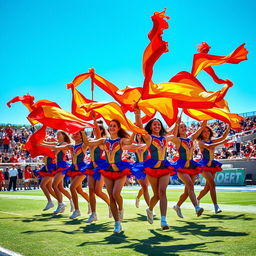 A vibrant, dynamic color guard performance, showcasing a diverse group of athletes in motion
