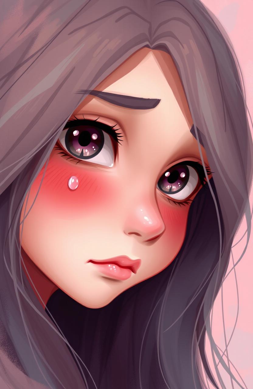 A digital painting of a girl's face, capturing complex emotions of love, affection, and sadness