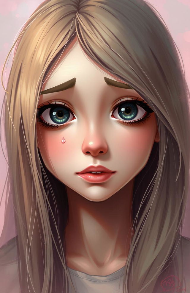 A digital painting of a girl's face, capturing complex emotions of love, affection, and sadness