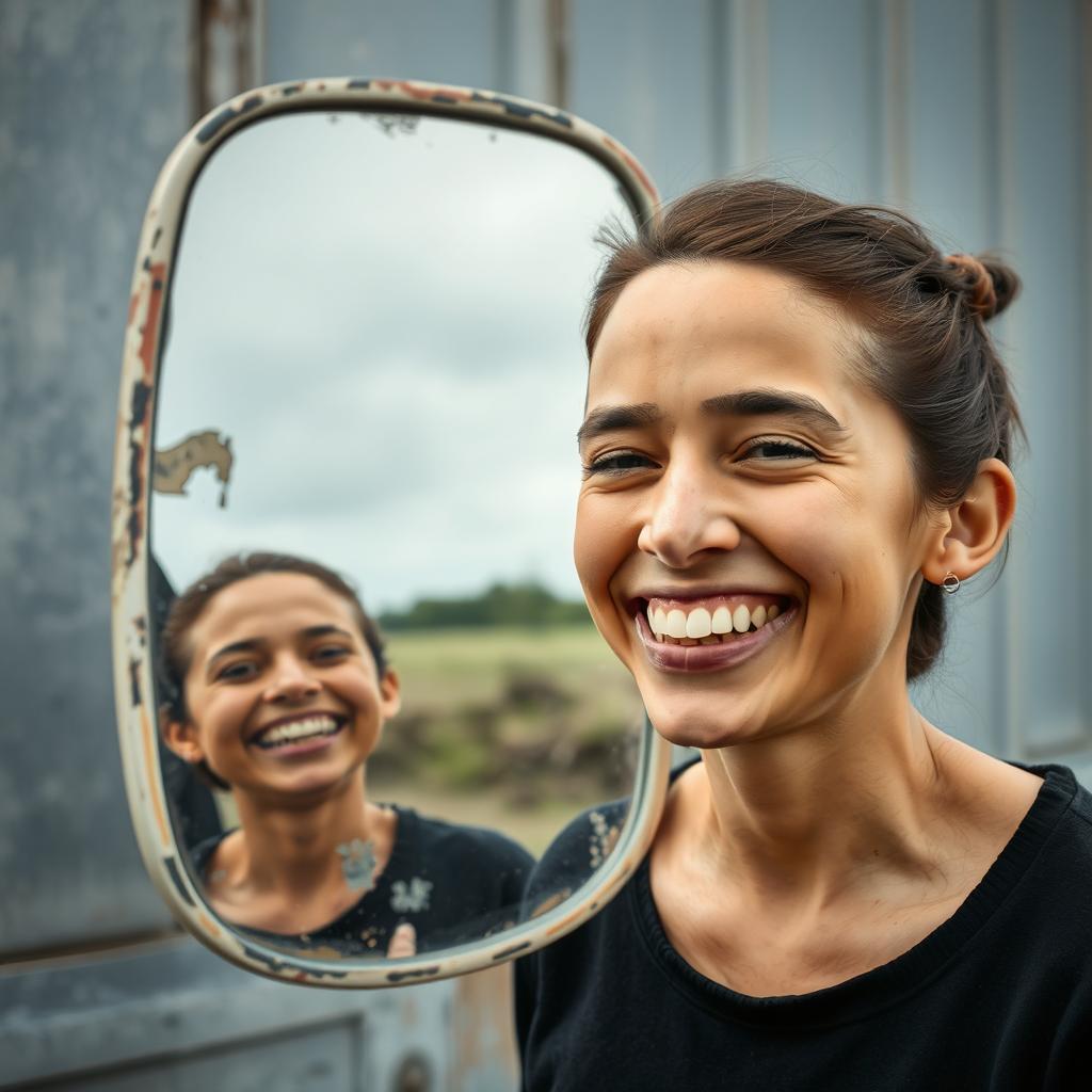 A joyful person smiling in front of a mirror, reflecting a happy face while the exterior appears dull and worn