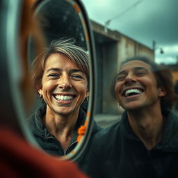 A joyful person smiling in front of a mirror, reflecting a happy face while the exterior appears dull and worn