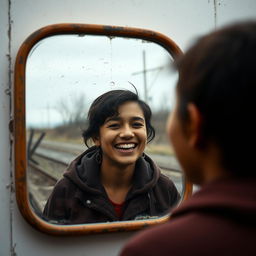 A joyful person smiling in front of a mirror, reflecting a happy face while the exterior appears dull and worn