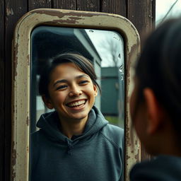 A joyful person smiling in front of a mirror, reflecting a happy face while the exterior appears dull and worn