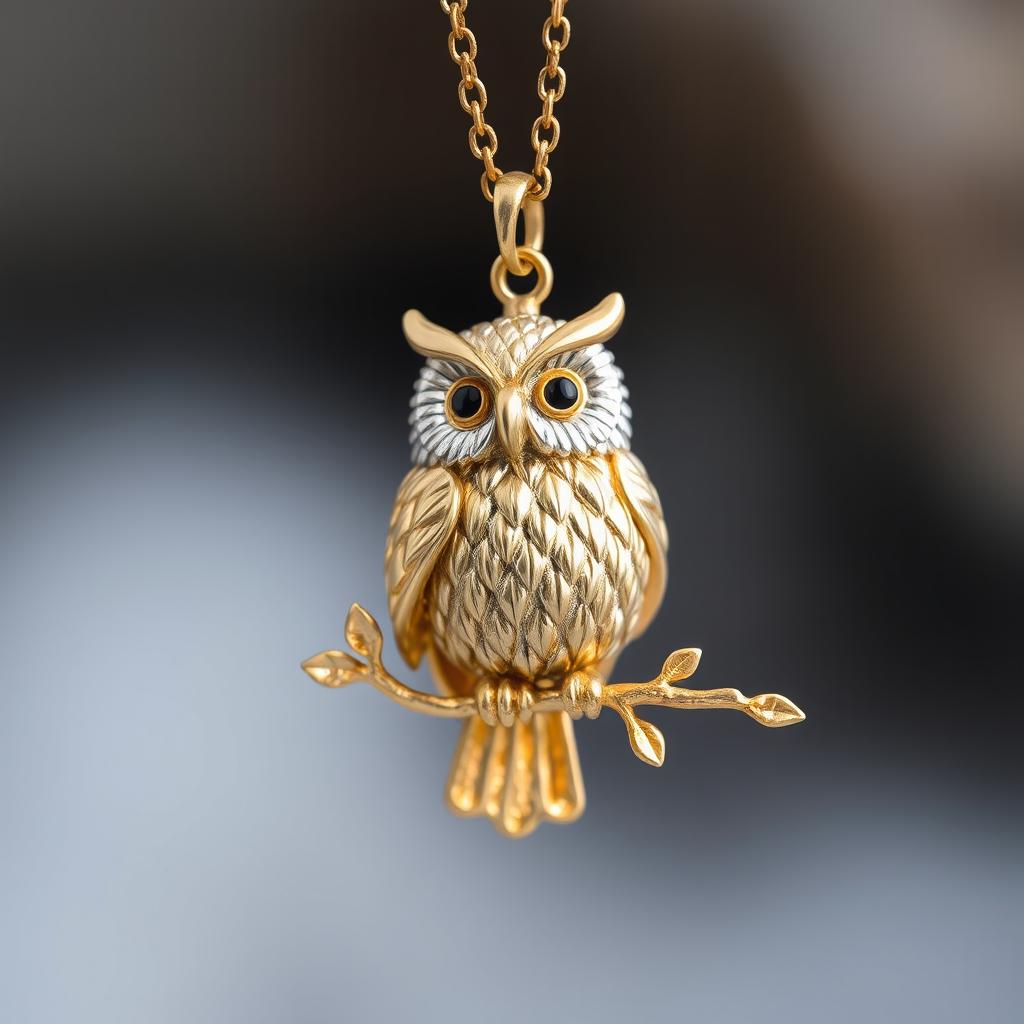 A beautifully designed owl pendant for a necklace, showcasing intricate details in the feathers and eyes