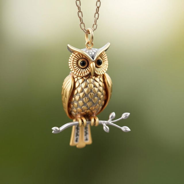 A beautifully designed owl pendant for a necklace, showcasing intricate details in the feathers and eyes