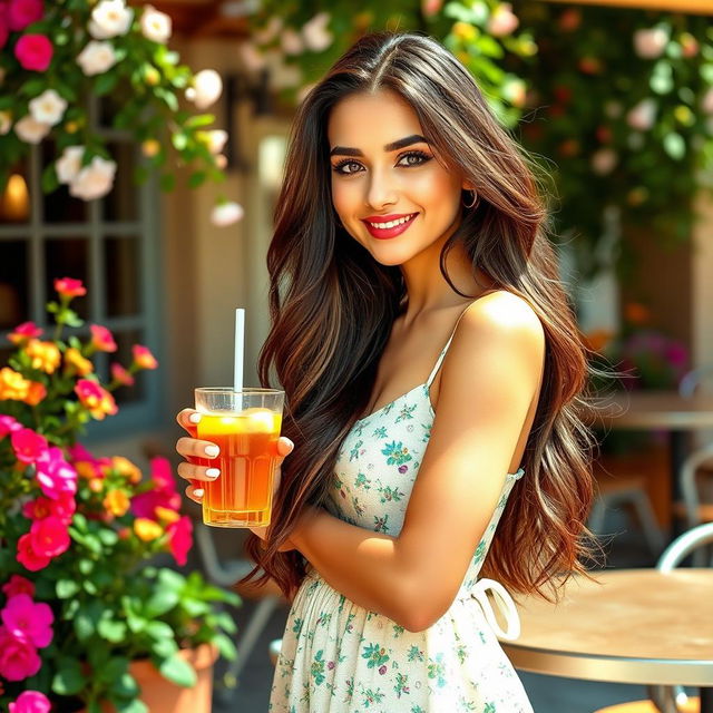 A stunning young woman with long, flowing brunette hair and striking features, wearing a stylish summer dress