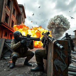 A stunning scene from a first-person shooter game inspired by Call of Duty, featuring a highly detailed, realistic soldier in military gear, equipped with advanced weaponry and tactical gadgets