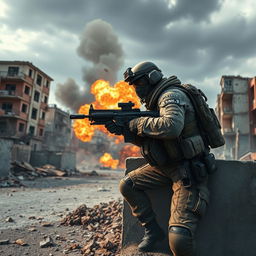 A stunning scene from a first-person shooter game inspired by Call of Duty, featuring a highly detailed, realistic soldier in military gear, equipped with advanced weaponry and tactical gadgets