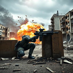 A stunning scene from a first-person shooter game inspired by Call of Duty, featuring a highly detailed, realistic soldier in military gear, equipped with advanced weaponry and tactical gadgets