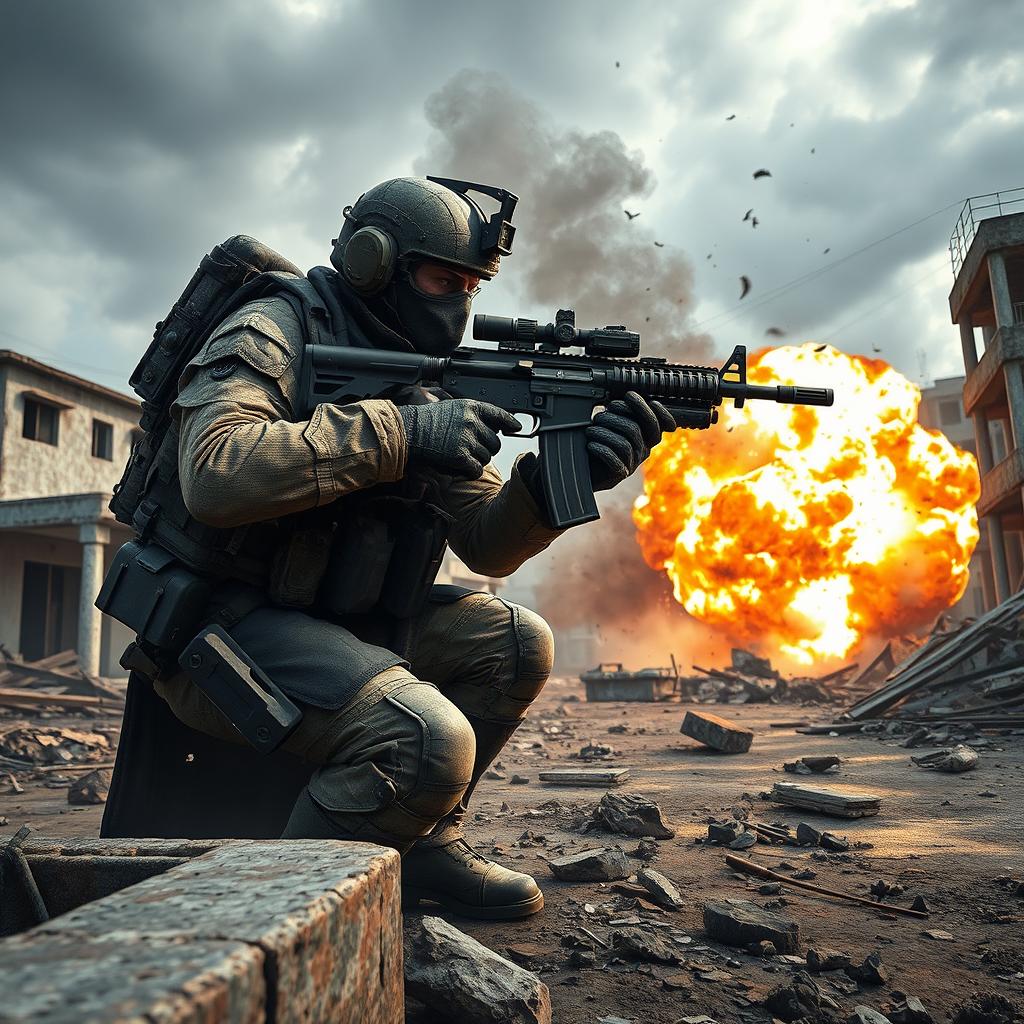 A stunning scene from a first-person shooter game inspired by Call of Duty, featuring a highly detailed, realistic soldier in military gear, equipped with advanced weaponry and tactical gadgets