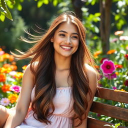 A beautiful young woman relaxing in a serene garden, surrounded by vibrant flowers