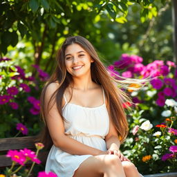 A beautiful young woman relaxing in a serene garden, surrounded by vibrant flowers