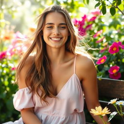 A beautiful young woman relaxing in a serene garden, surrounded by vibrant flowers