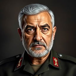 A portrait of Qasem Soleimani, the Iranian military general, depicted with a strong and dignified expression