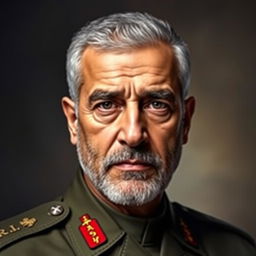 A portrait of Qasem Soleimani, the Iranian military general, depicted with a strong and dignified expression