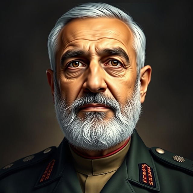 A portrait of Qasem Soleimani, the Iranian military general, depicted with a strong and dignified expression