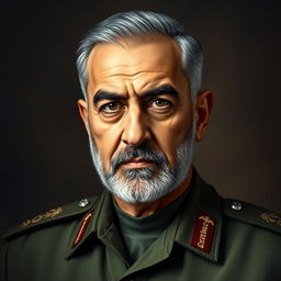 A portrait of Qasem Soleimani, the Iranian military general, depicted with a strong and dignified expression