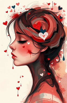 An abstract digital painting representing a girl's mind, illustrating the complex emotions of love, affection, and sadness