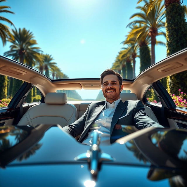 A joyful man sitting in a luxurious Maybach, with the entire car elegantly displayed