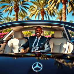 A joyful man sitting in a luxurious Maybach, with the entire car elegantly displayed
