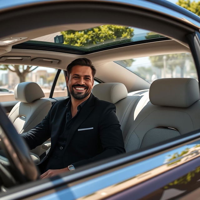 A happy man sitting in a luxurious Mercedes-Maybach, showcasing the elegant interior and exterior of the car