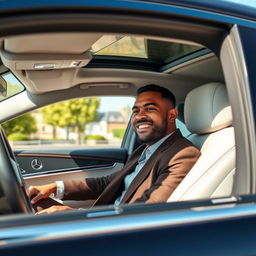 A happy man sitting in a luxurious Mercedes-Maybach, showcasing the elegant interior and exterior of the car