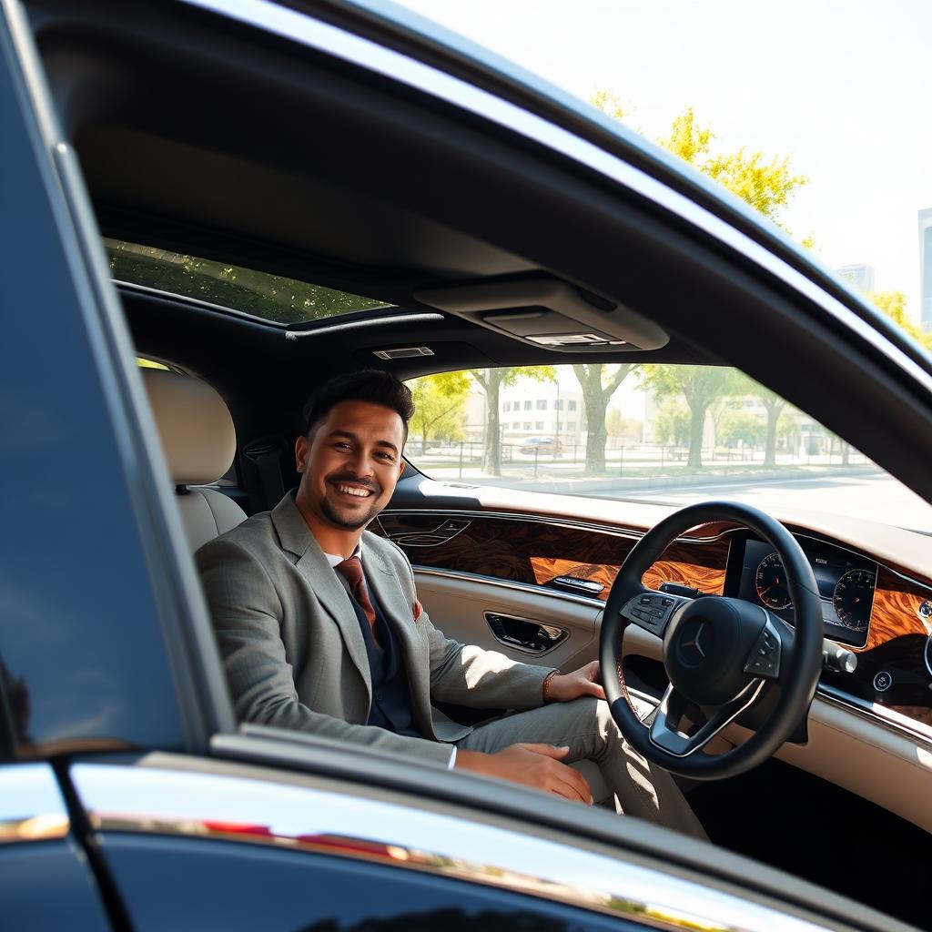 A happy man sitting in a luxurious Mercedes-Maybach, showcasing the elegant interior and exterior of the car