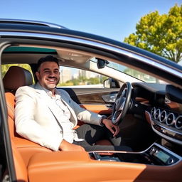 A happy man sitting in a luxurious Mercedes-Maybach, showcasing the elegant interior and exterior of the car