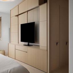 A compact but stylish TV unit designed for a small bedroom, alongside a designer wardrobe for clothes. The layout should maximise space efficiency and functionality.