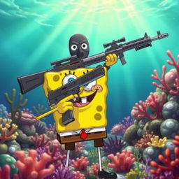 A whimsical underwater scene in Bikini Bottom featuring SpongeBob SquarePants humorously holding a Glock 17