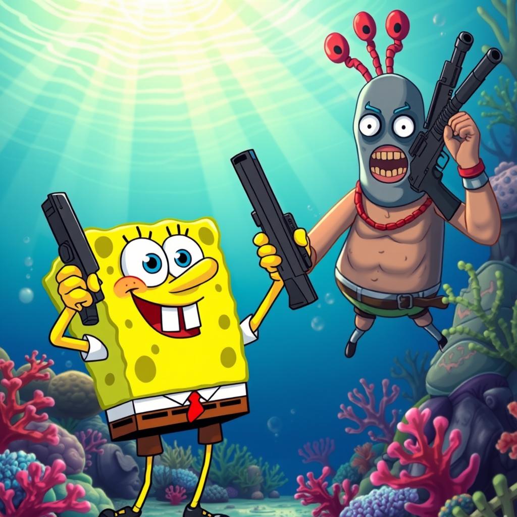 A whimsical underwater scene in Bikini Bottom featuring SpongeBob SquarePants humorously holding a Glock 17