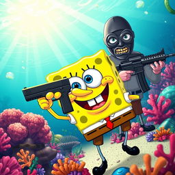 A whimsical underwater scene in Bikini Bottom featuring SpongeBob SquarePants humorously holding a Glock 17