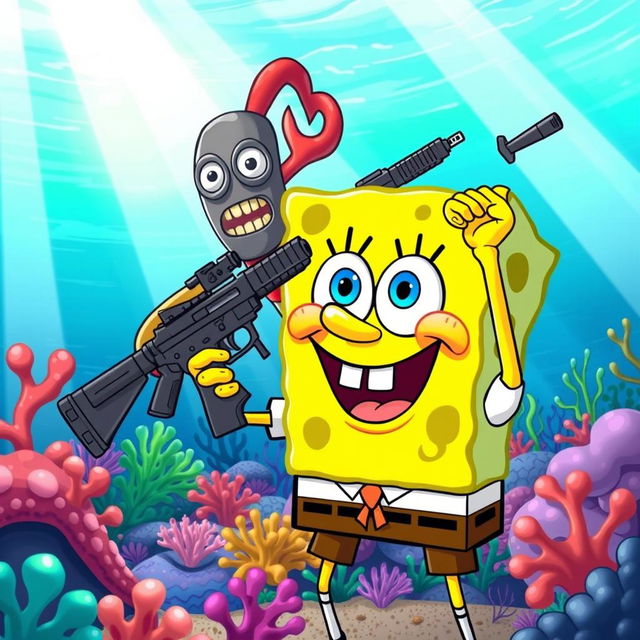 A whimsical underwater scene in Bikini Bottom featuring SpongeBob SquarePants humorously holding a Glock 17