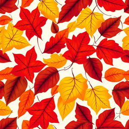 A vibrant, dynamic design featuring an array of colorful leaves in rich autumn hues such as fiery reds, bright yellows, deep oranges, and earthy browns