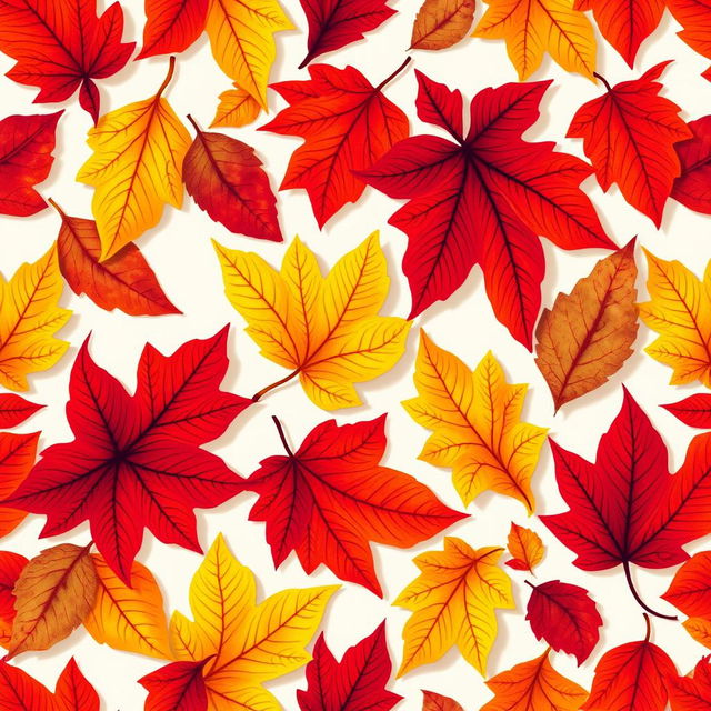 A vibrant, dynamic design featuring an array of colorful leaves in rich autumn hues such as fiery reds, bright yellows, deep oranges, and earthy browns