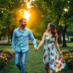 A romantic scene depicting a man and a woman walking hand in hand, their fingers intertwined