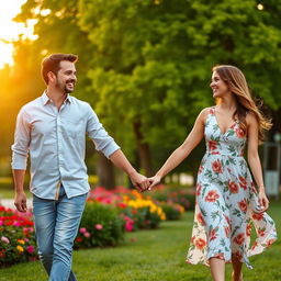 A romantic scene depicting a man and a woman walking hand in hand, their fingers intertwined