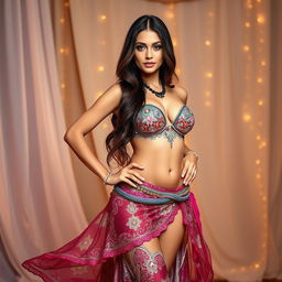 A glamorous, slender woman wearing a stunning belly dance outfit that showcases her revealed stomach