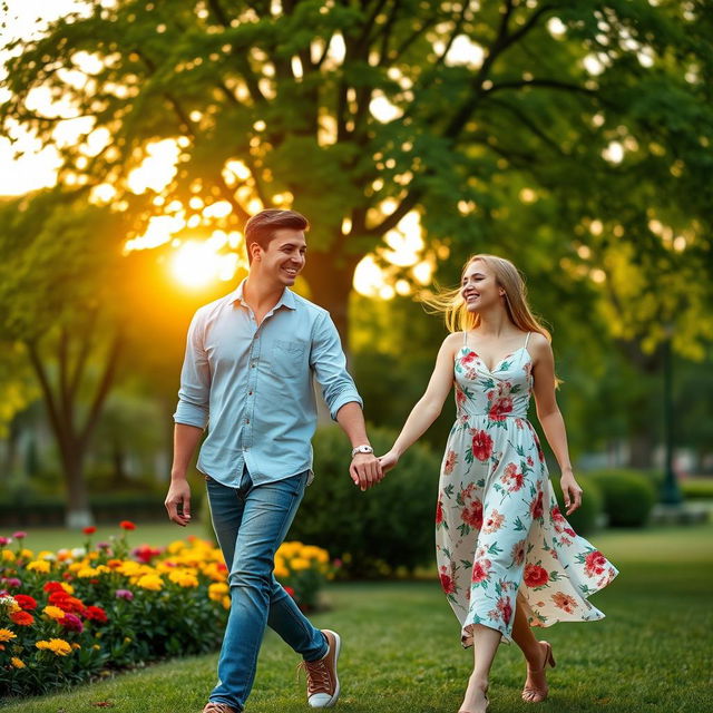 A romantic scene depicting a man and a woman walking hand in hand, their fingers intertwined