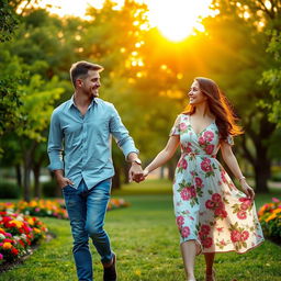 A romantic scene depicting a man and a woman walking hand in hand, their fingers intertwined