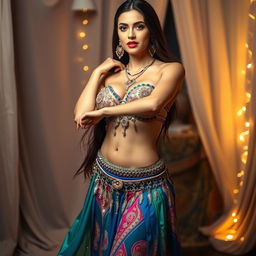 A glamorous, slender woman wearing a stunning belly dance outfit that showcases her revealed stomach