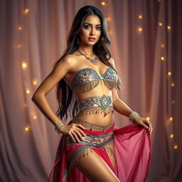 A glamorous, slender woman wearing a stunning belly dance outfit that showcases her revealed stomach